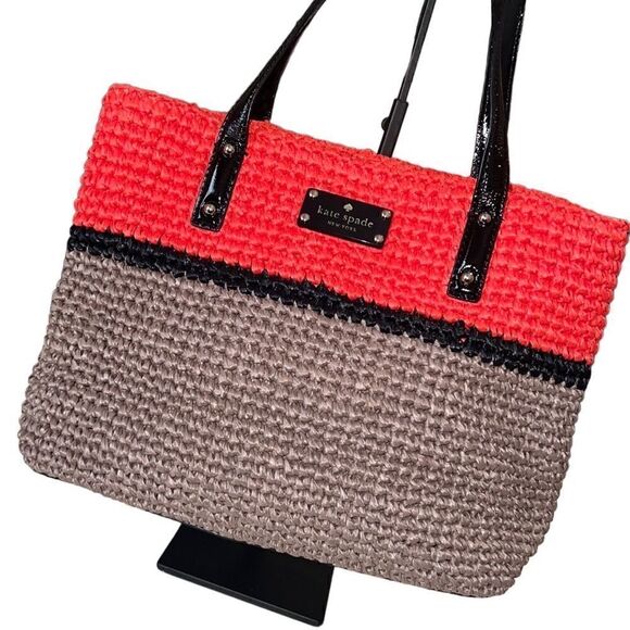 Kate Spade Black Orange Brown Straw and Patent Leather Shoulder Bag Tote - Picture 1 of 12
